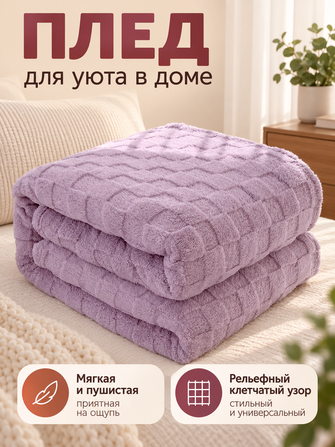 Lilac Plush Double-Sided Plaid Throw Blanket Made of Polyester