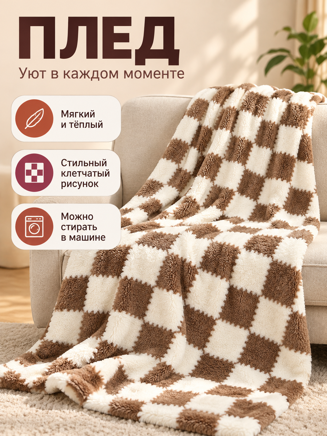 Reversible Brown and Cream Plaid Plush Blanket