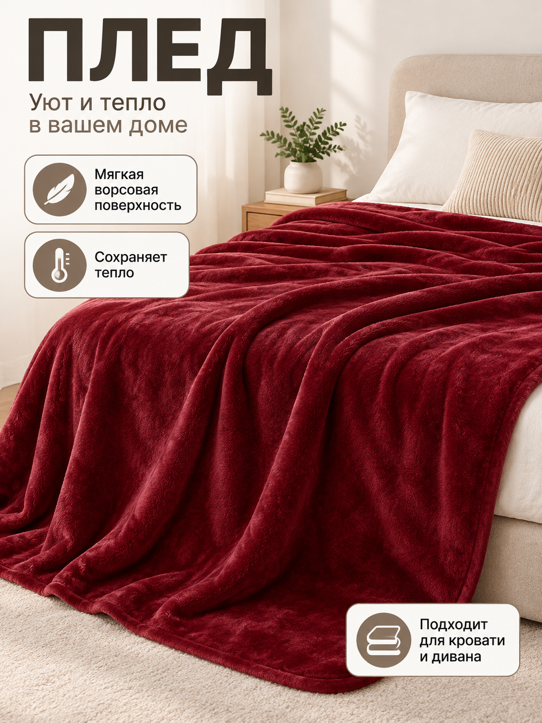 Burgundy flannel throw blanket with a soft fleece surface