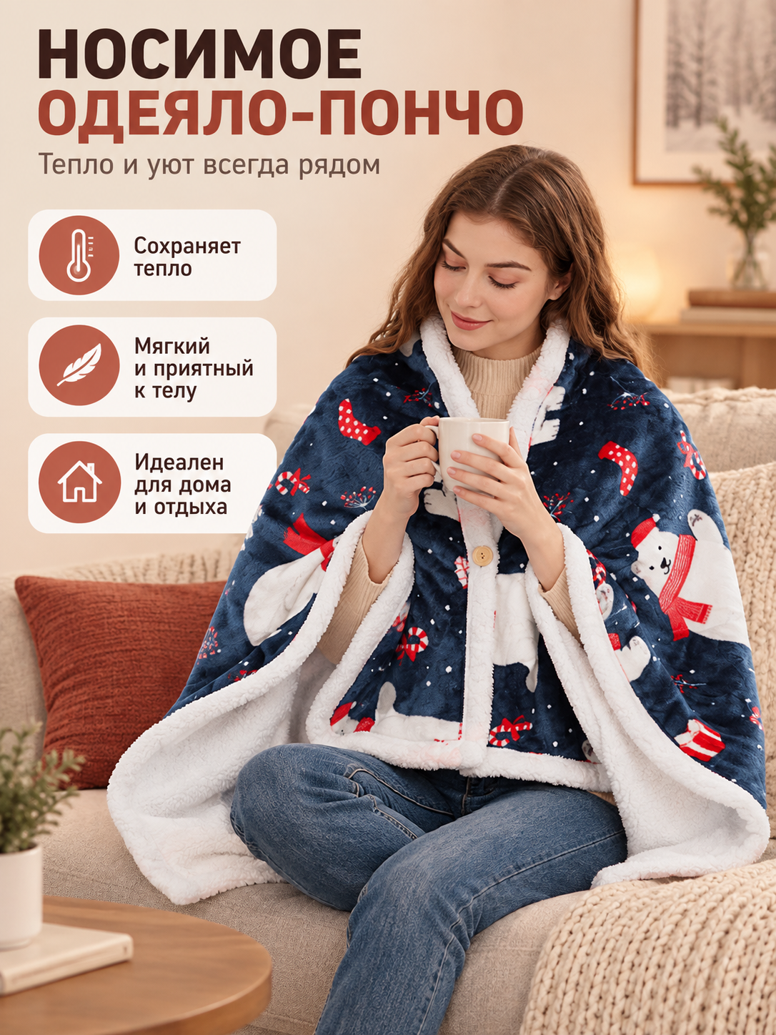 Wearable Poncho Blanket Dark Blue with Winter Print