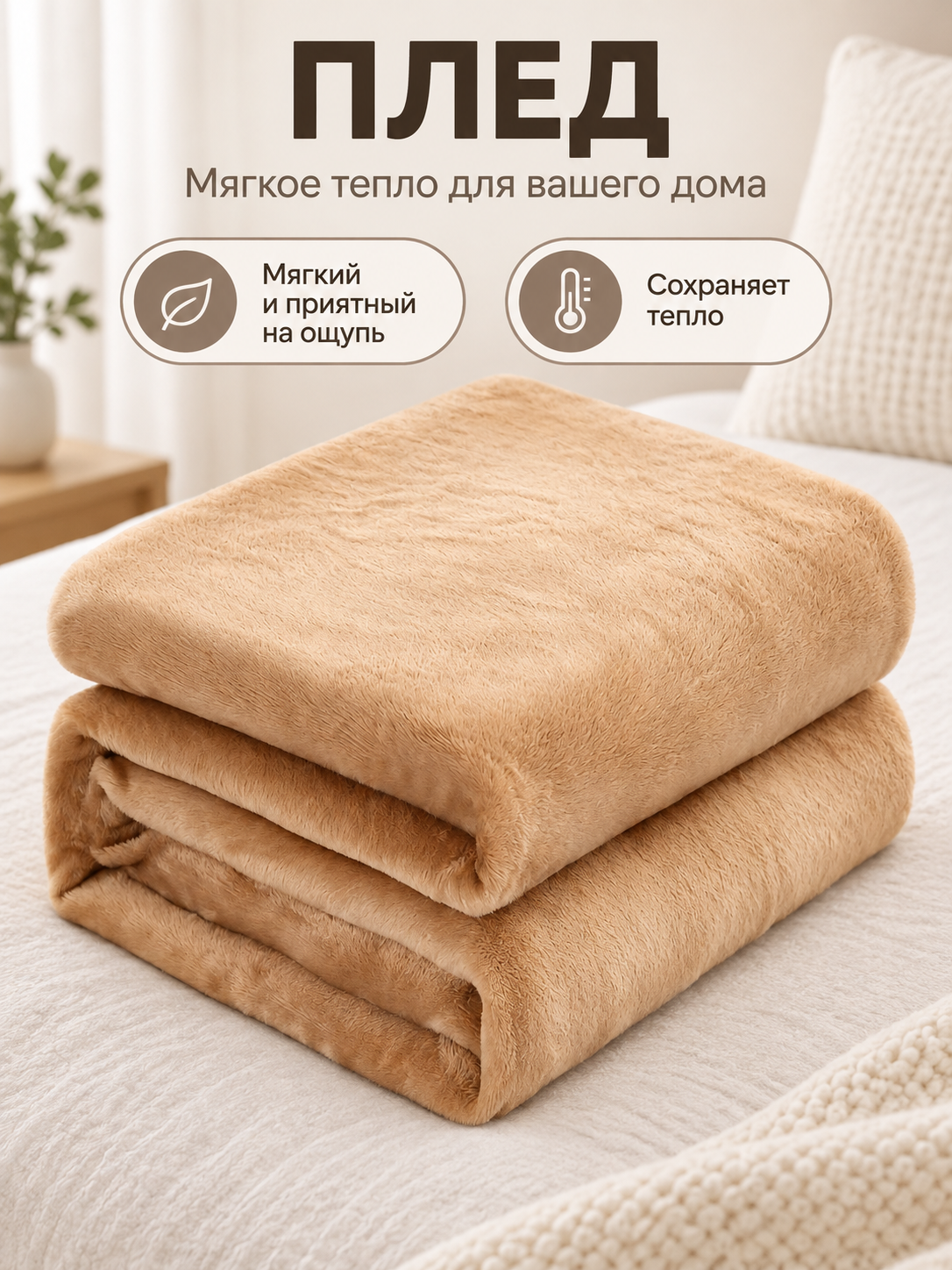 Beige-caramel fleece throw blanket made of polyester and flannel