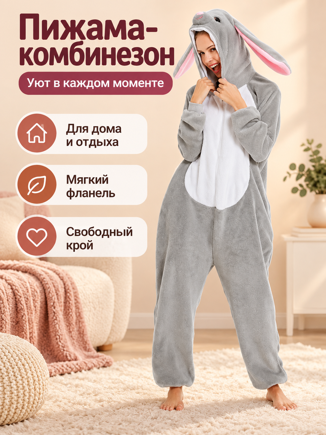 Gray Fleece Hooded Pajama Jumpsuit with Ears
