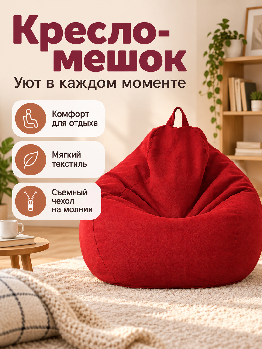 Red Frameless Beanbag Chair with Handle and Removable Cover