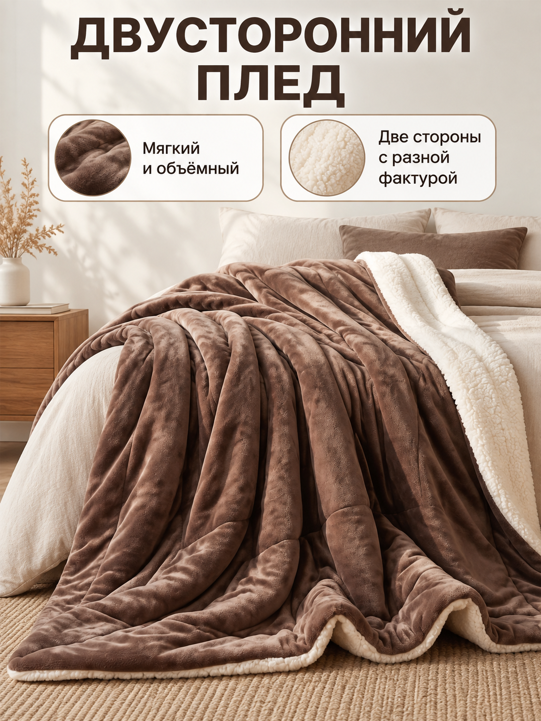 Reversible brown and beige sheep plush blanket
