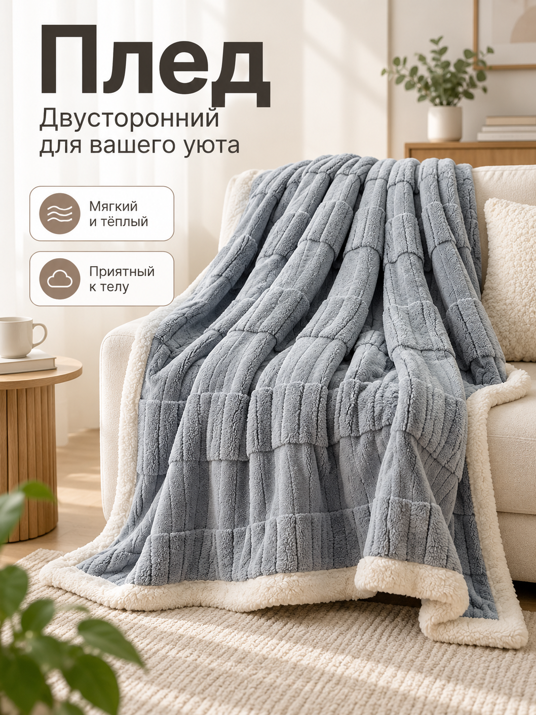Reversible Gray-Blue Milk Velvet Throw Blanket