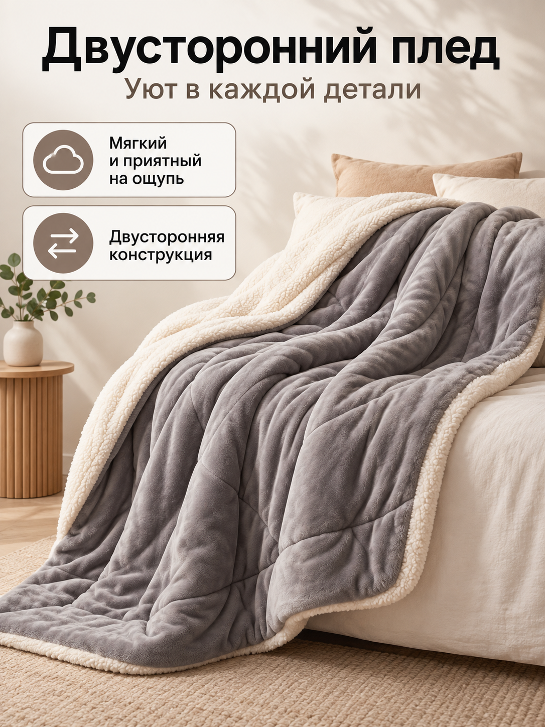 Reversible gray sherpa and cream fleece blanket
