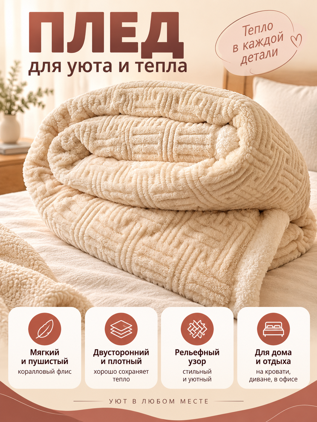 Thickened Reversible Coral Fleece Blanket Cream