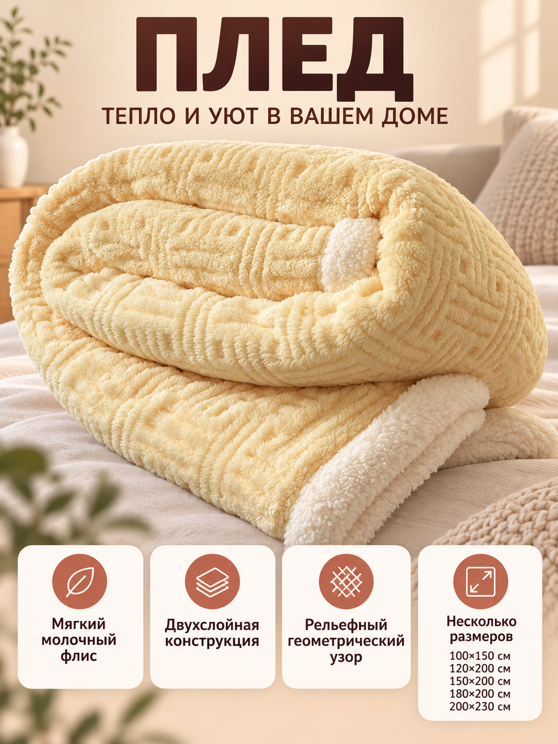 Cream Double-Layer Blanket with Geometric Pattern
