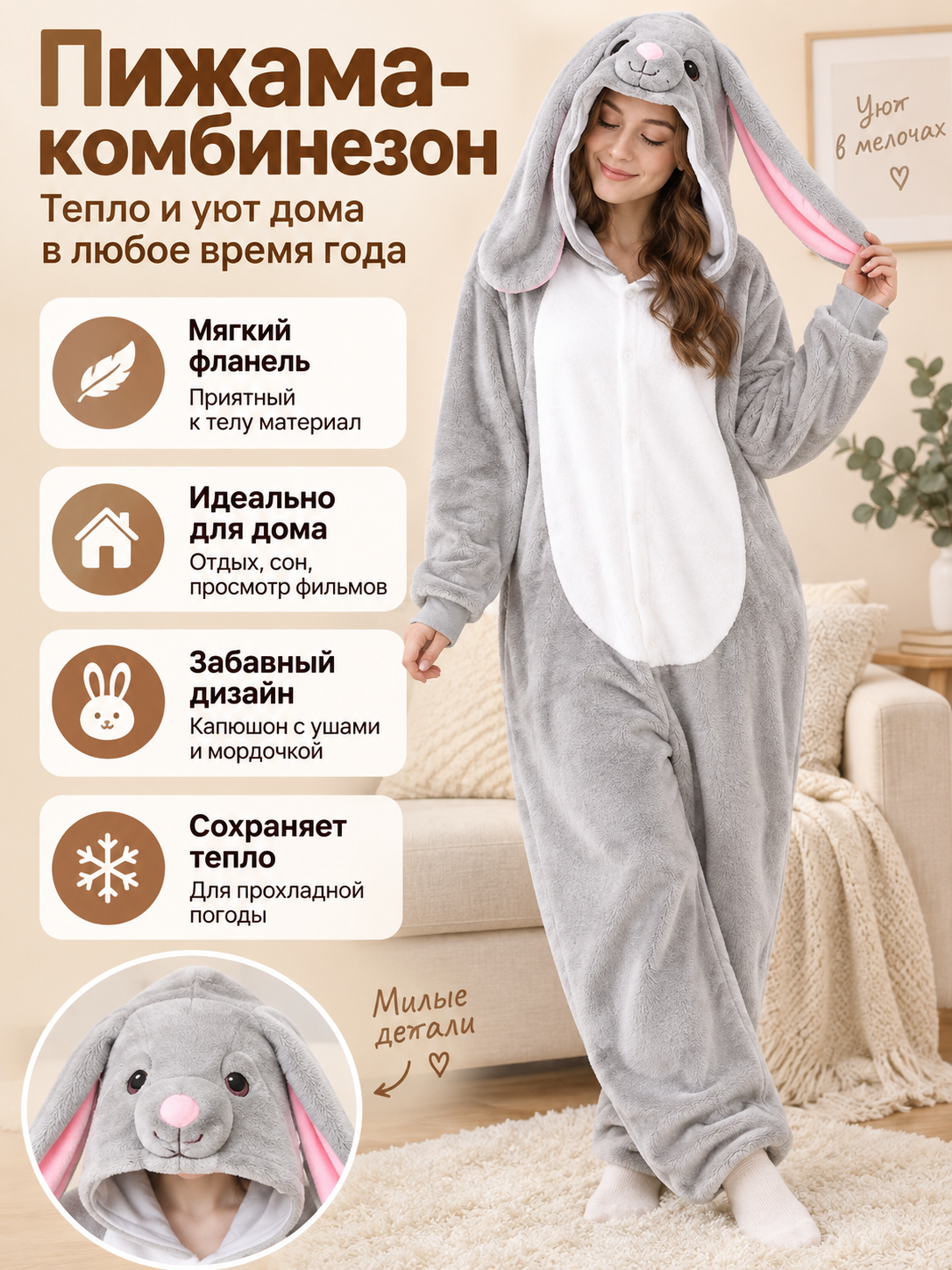 Gray Flannel Hooded Pajama Jumpsuit with Ears