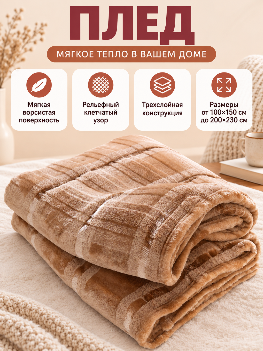 Beige-Brown Plaid 3-Layer Polyester Blanket