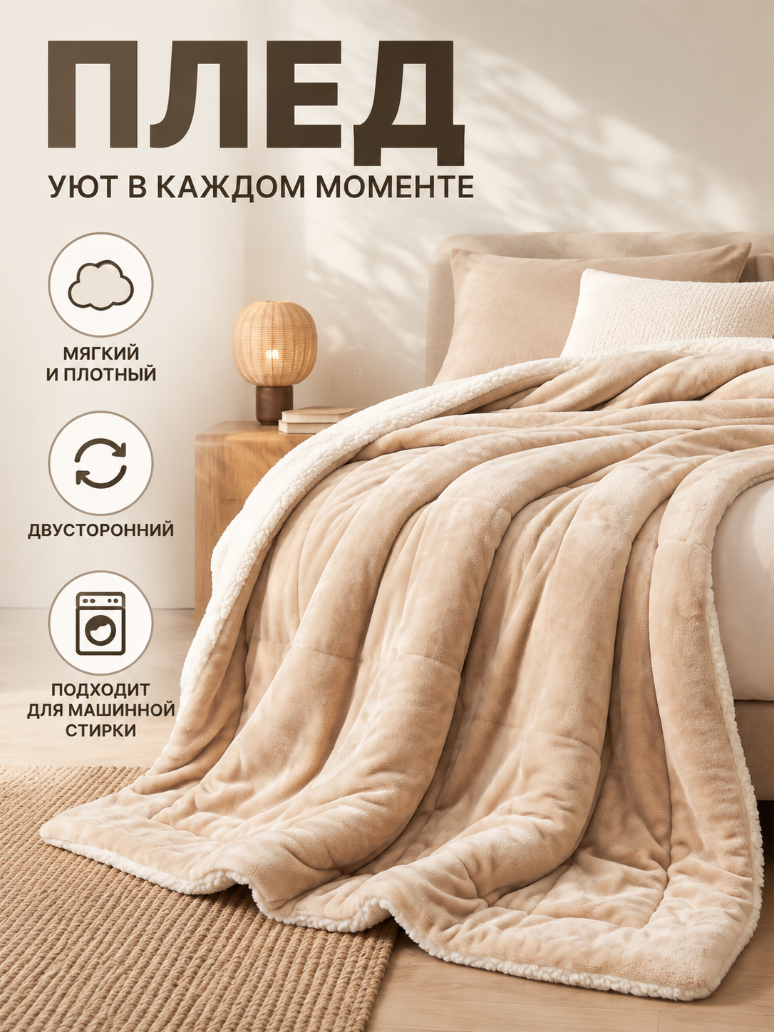 Soft Double-Sided Sheep Plush Blanket Light Beige