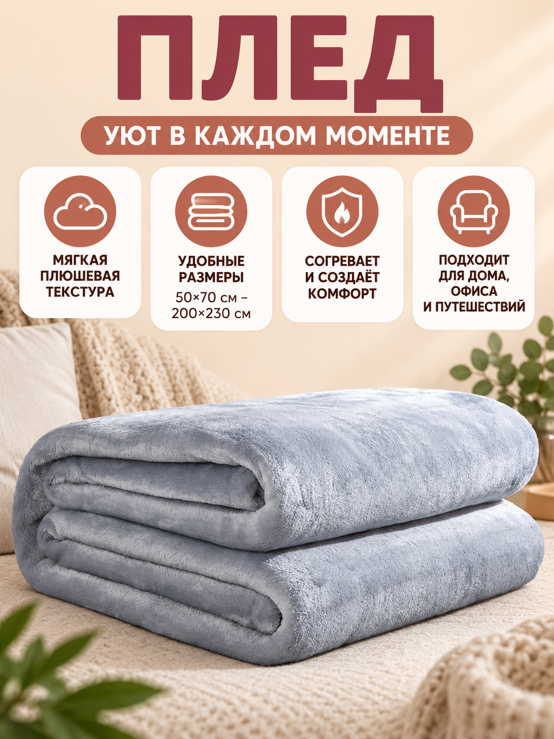 Light gray plush polyester blanket with a folded edge