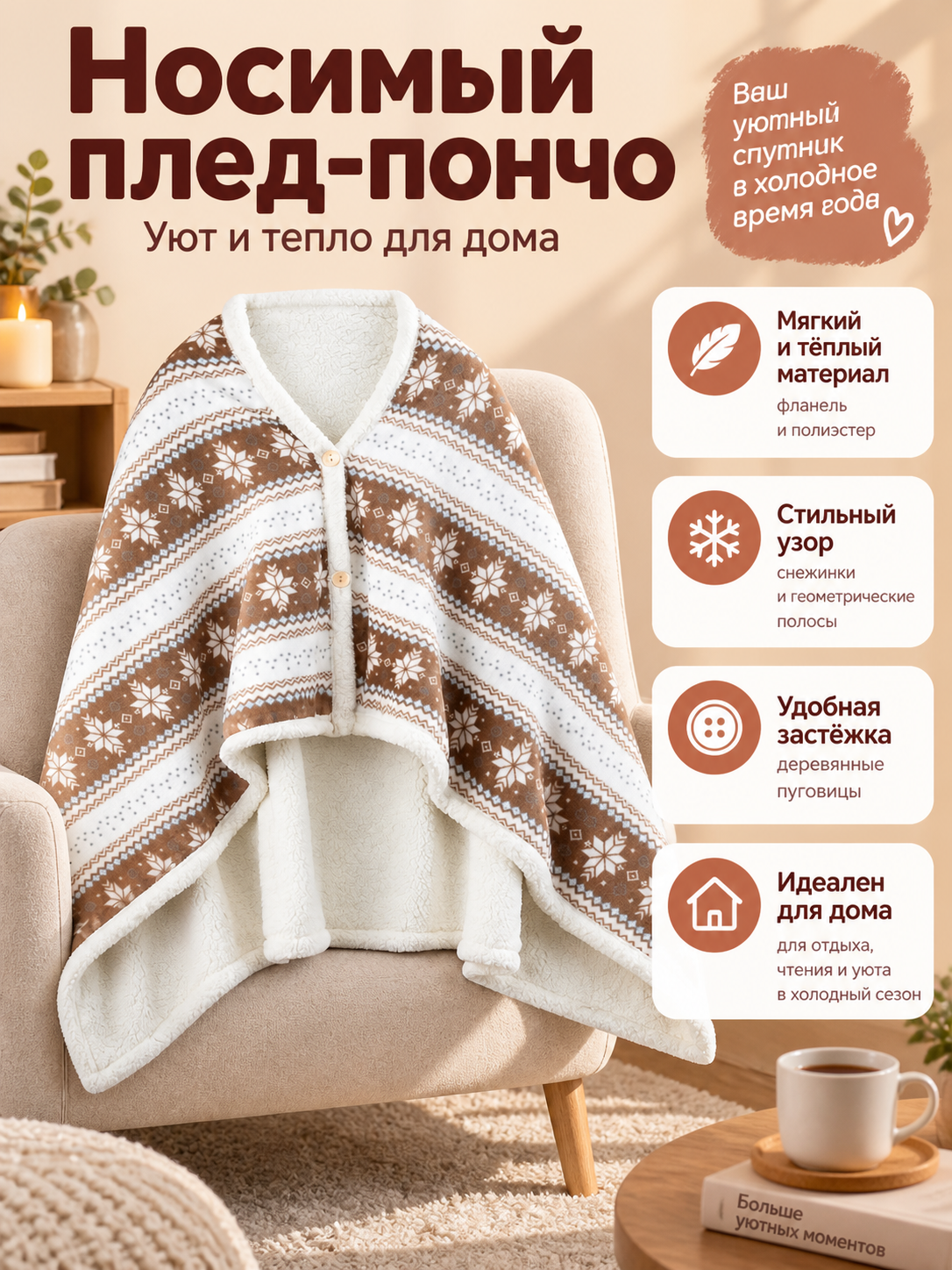 Wearable Blanket Poncho with Sleeves and Snowflake Pattern