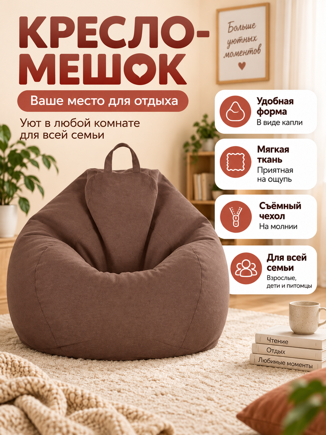 Teardrop-Shaped Bean Bag Chair with Handle and Removable Cover