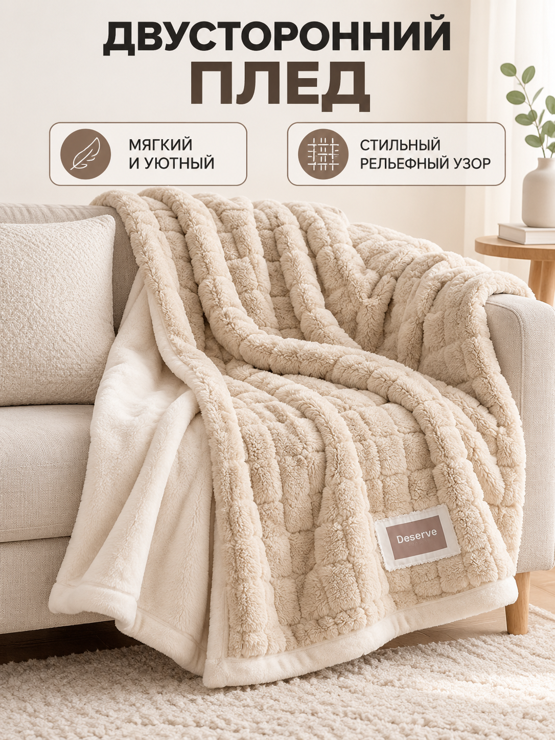Reversible cream-beige plaid made of milky velour