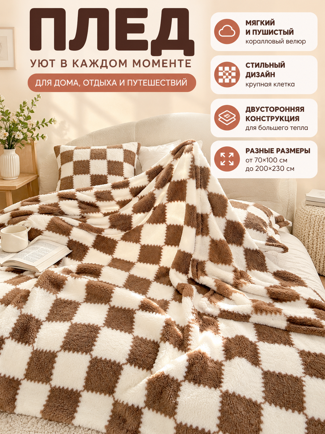 Reversible Velvet Plaid Brown and White Checkered Blanket