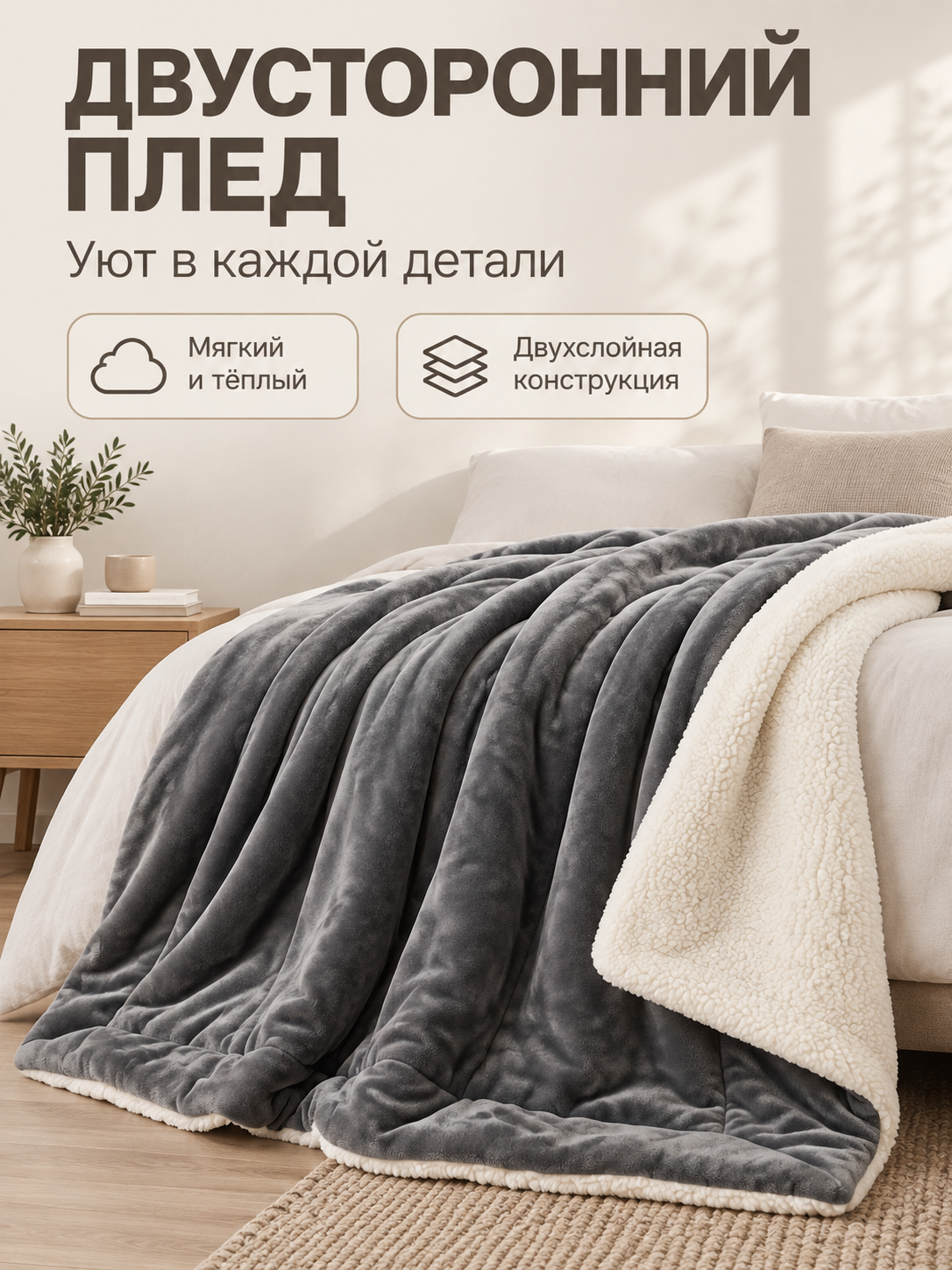 Double-Sided Sherpa and Fleece Blanket, Dark Gray
