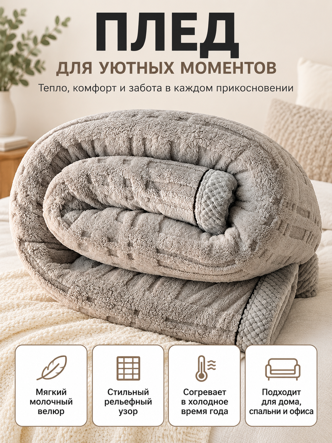 Gray Milk Velvet Blanket with Textured Pattern