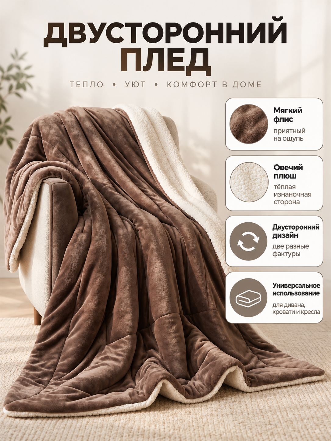 Reversible brown and beige sheep plush blanket