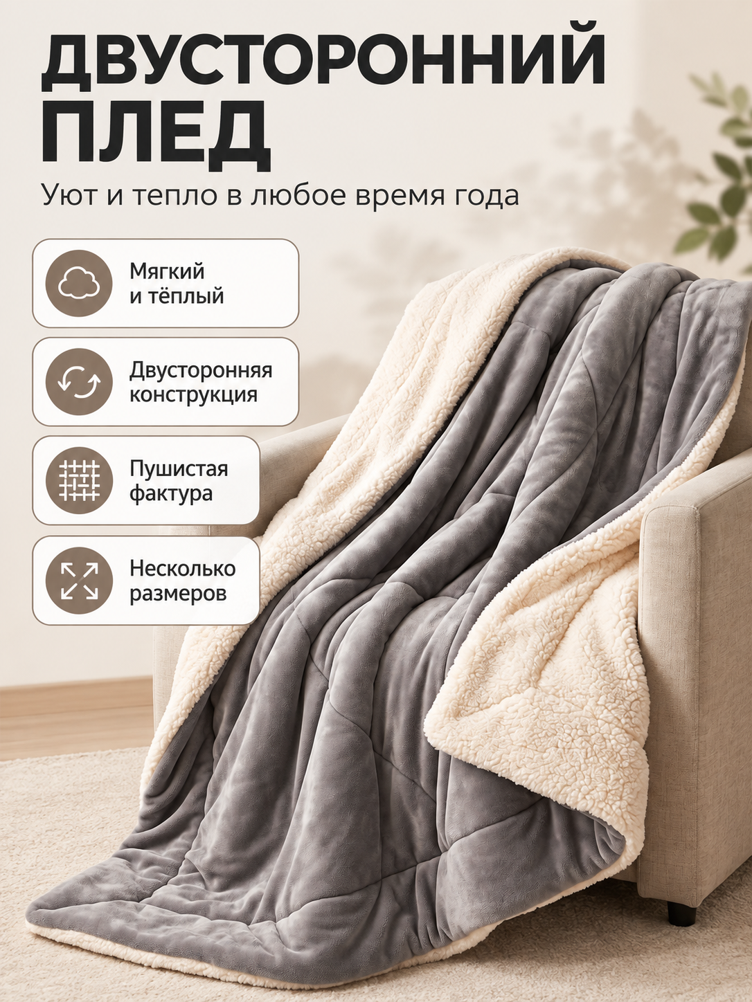 Reversible gray sherpa and cream fleece blanket