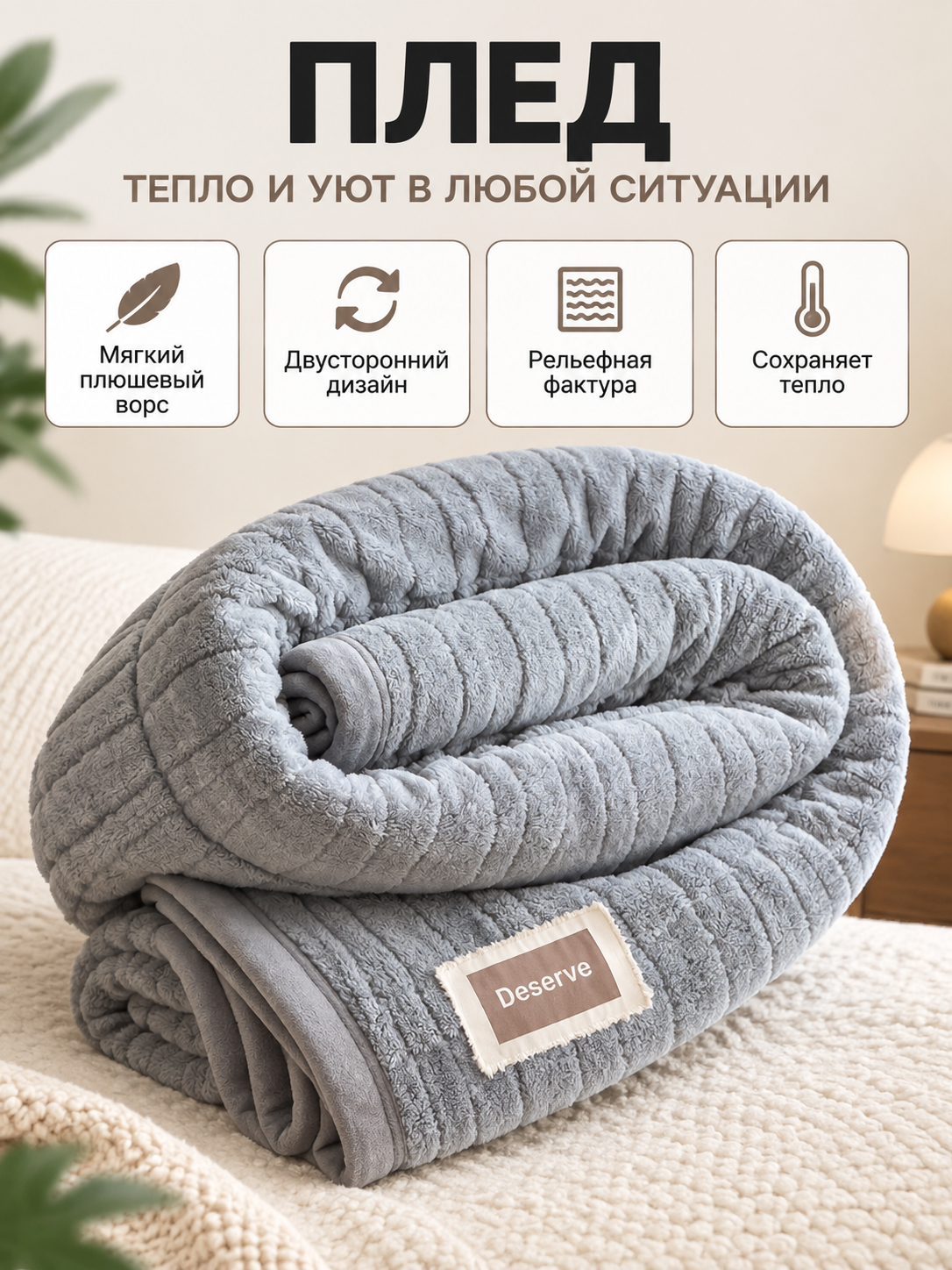 Reversible Plush Gray Milk Velour Blanket