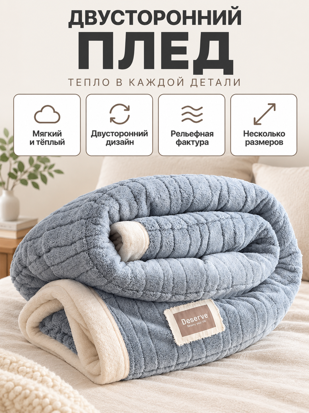 Double-Sided Milk Plush Blanket, Blue-Gray, with Pattern