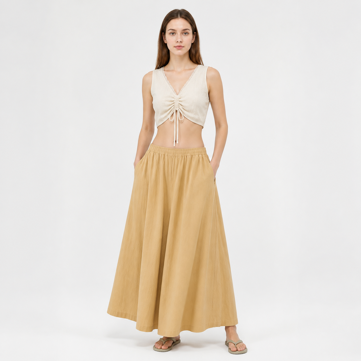 Apricot Wide Leg Pants, Elastic Waist Long Trousers with Two Side Pockets main product view