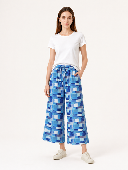 Blue and White Palazzo Pants with Geometric Print main product view 2