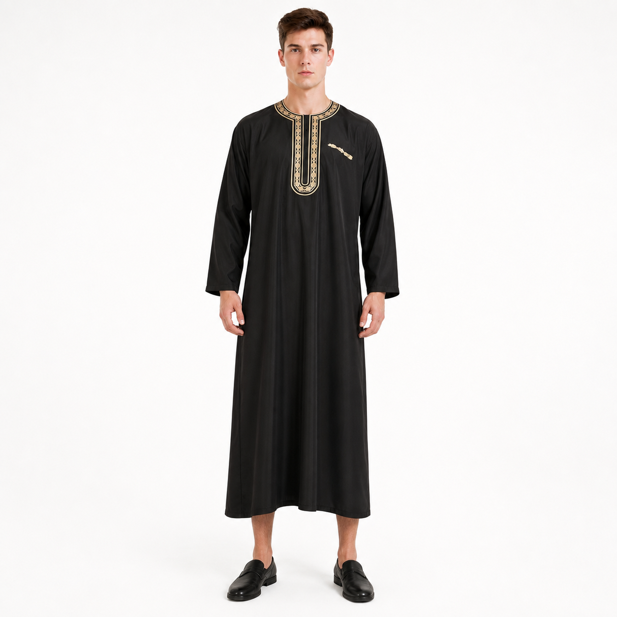 Long Black Abaya with Gold Collar Trim main product view