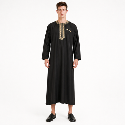Long Black Abaya with Gold Collar Trim main product view