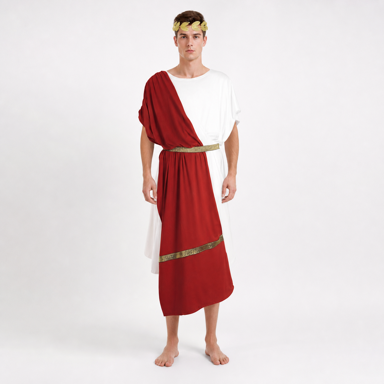 Men's Ancient Greek Costume, Red And White Draped Tunic With Gold Belt And Laurel Headpiece For Cosplay, Stage Events