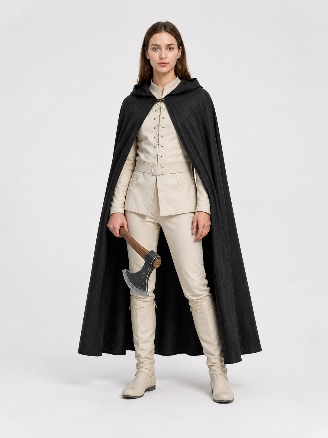 Black Long Hooded Cotton-Linen Cloak main product view 4