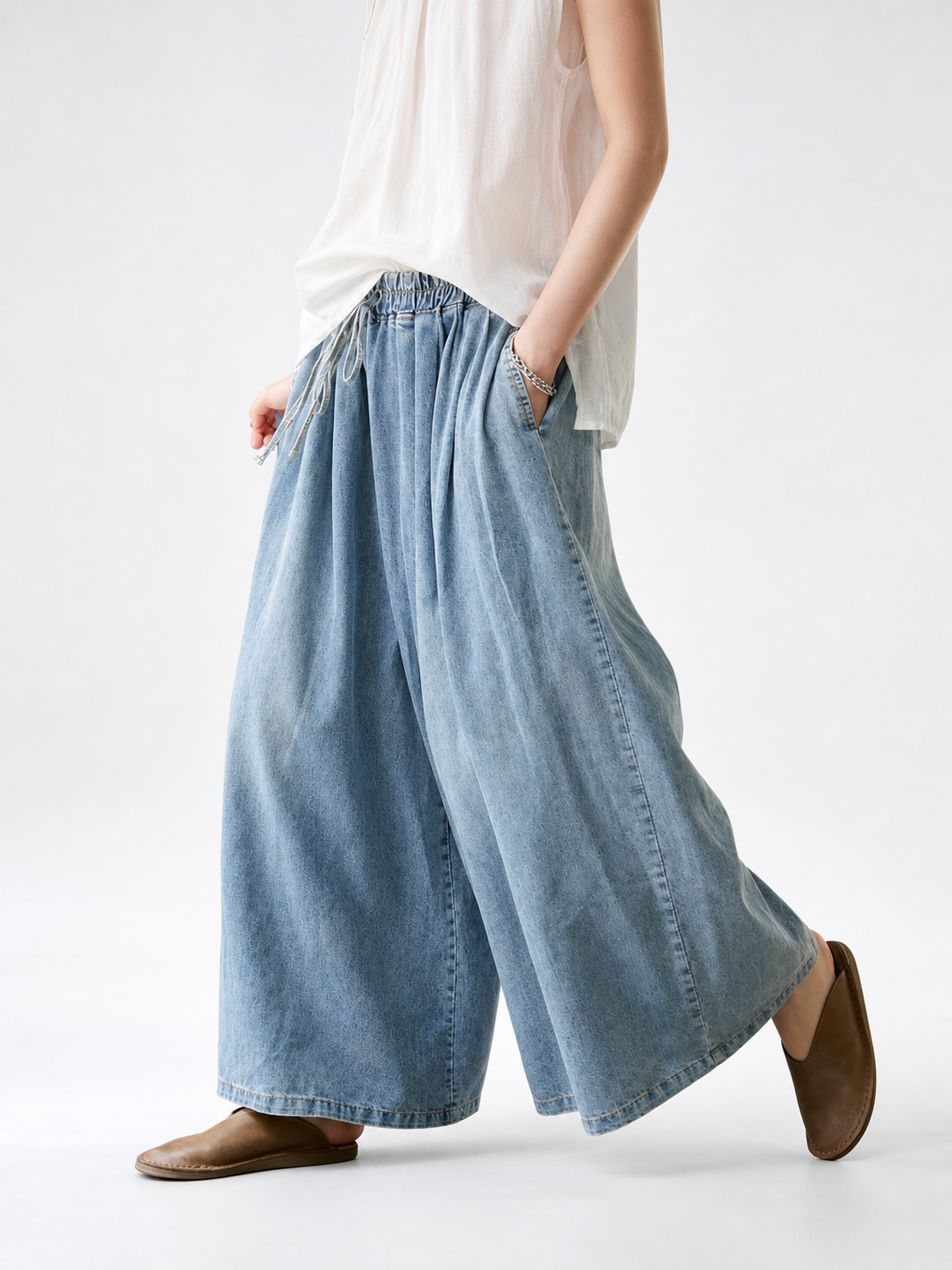 Light Blue Palazzo Pants with an Elastic Waist main product view 2