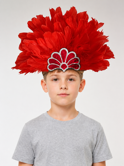 Red feather headpiece with a silver-trimmed fan decoration, worn by a child in a front-facing portrait