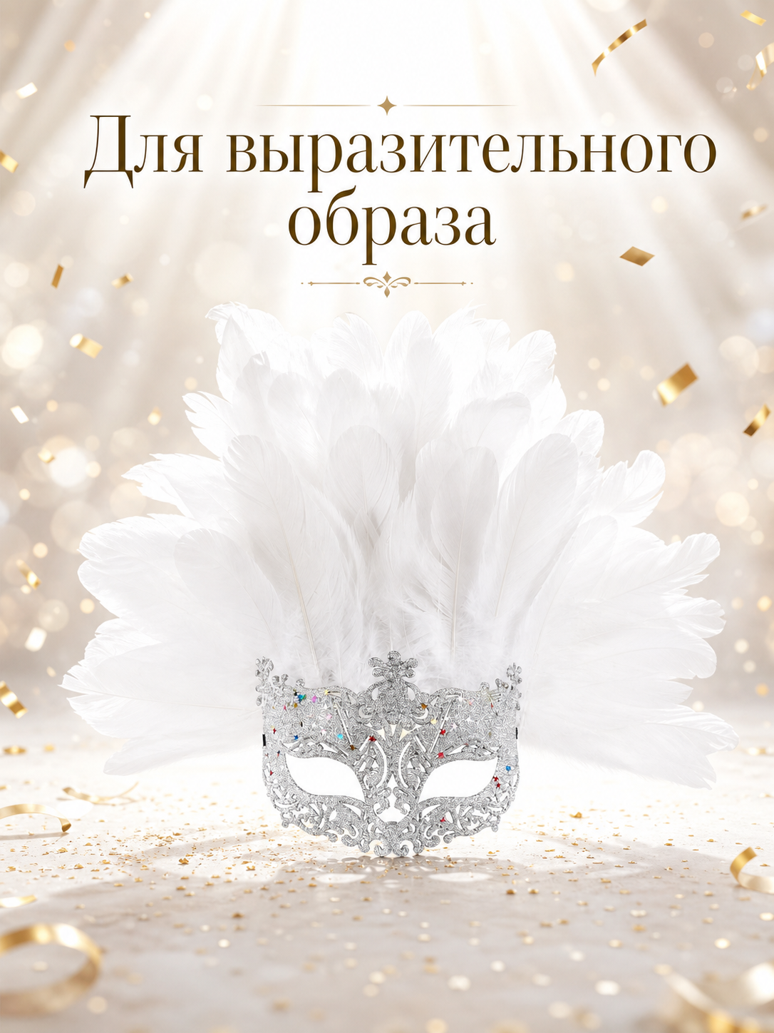 Information card showing the white feather mask with Russian text and a decorative celebration-themed background