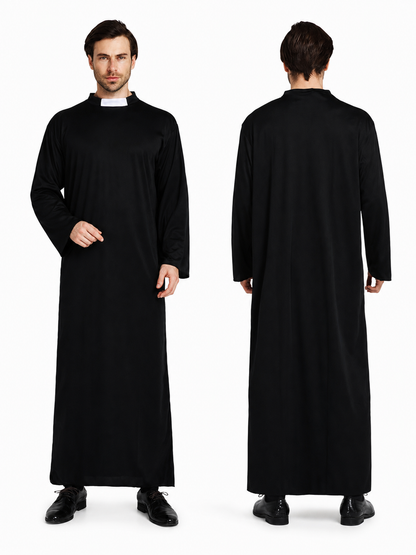 Halloween priest costume, black robe with collar