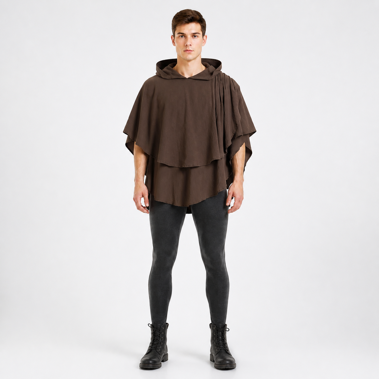 Women's Hooded Wanderer Cloak Costume with Layered Hem, Shoulder Draped Pleats