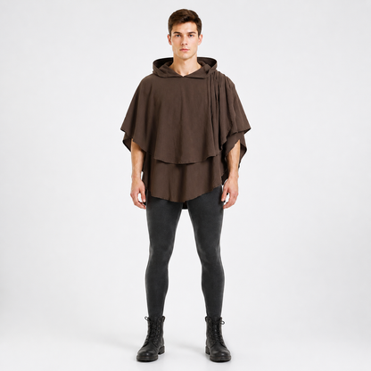 Women's Hooded Wanderer Cloak Costume with Layered Hem, Shoulder Draped Pleats