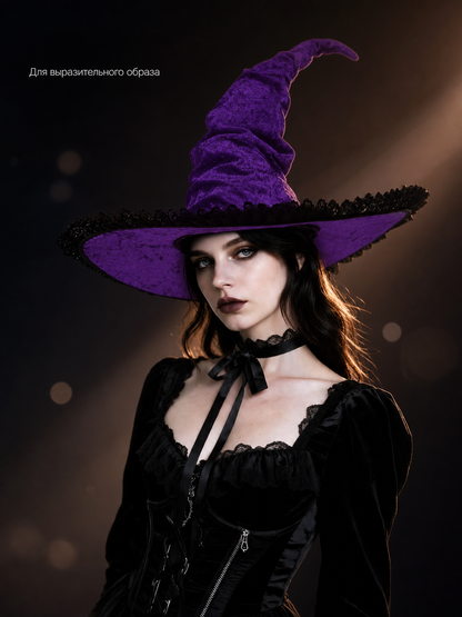 Information card featuring a model wearing a purple pointed witch hat with a wide brim and black trim