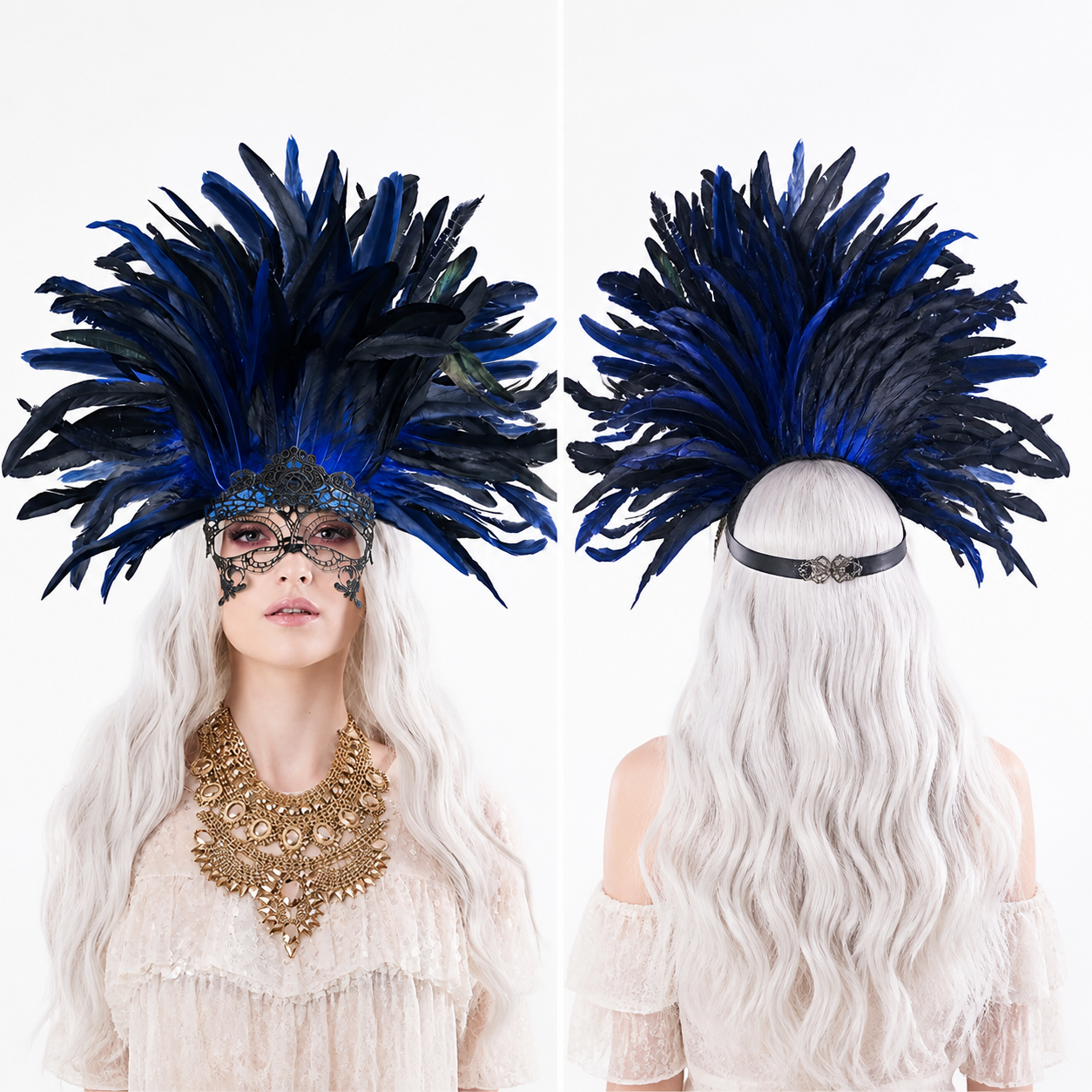 Carnival Headpiece with Blue-and-Black Feathers and Mask main product view