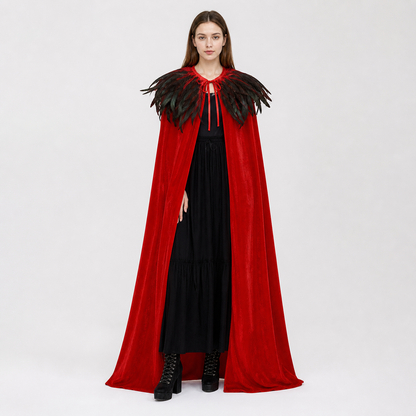 Red Velvet Cape with Feather Trim