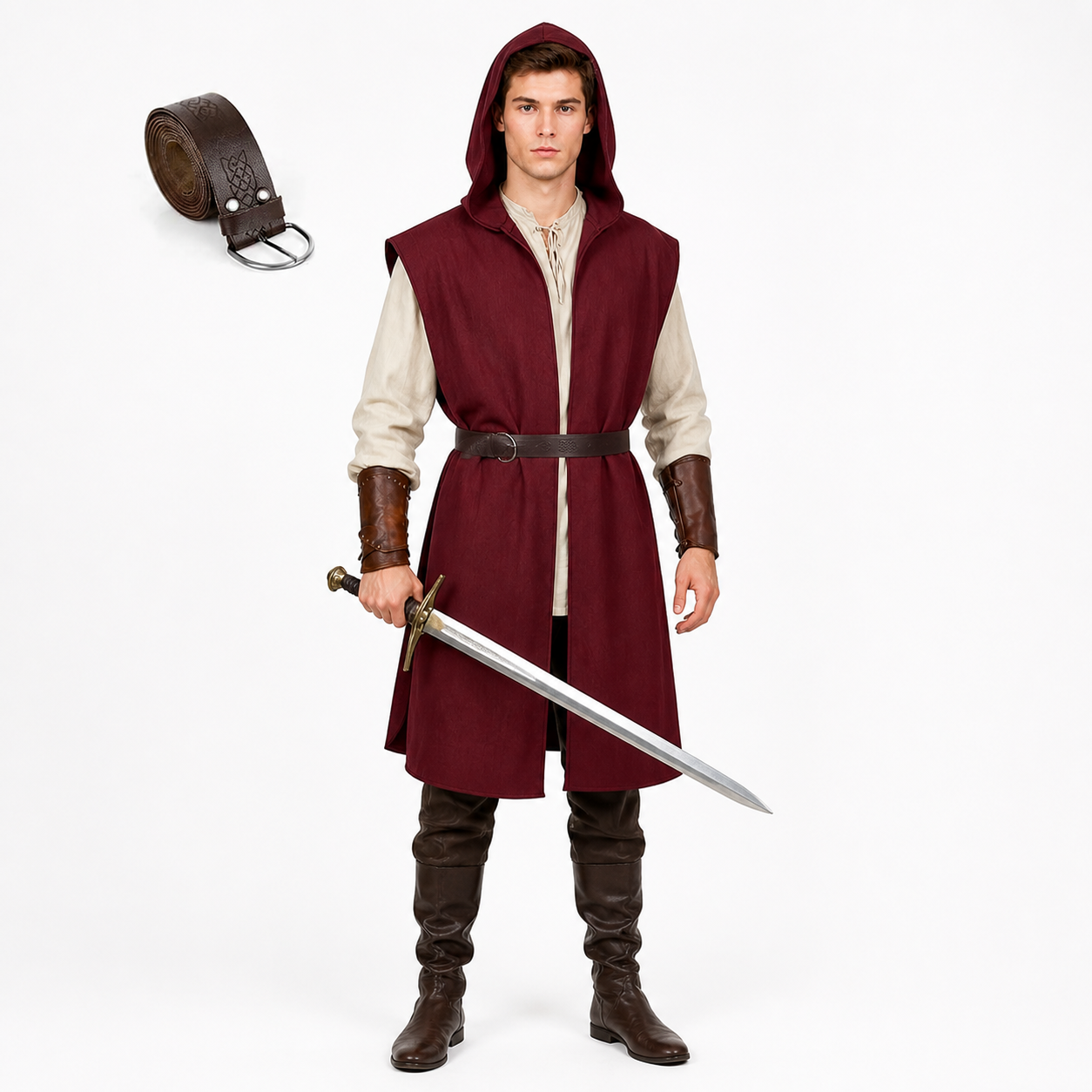 Adult Medieval Fantasy Hooded Cape, Wine Red Sleeveless Long Split-Hem Cloak main product view