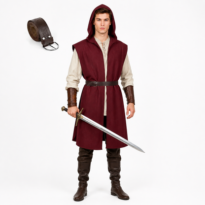 Adult Medieval Fantasy Hooded Cape, Wine Red Sleeveless Long Split-Hem Cloak main product view