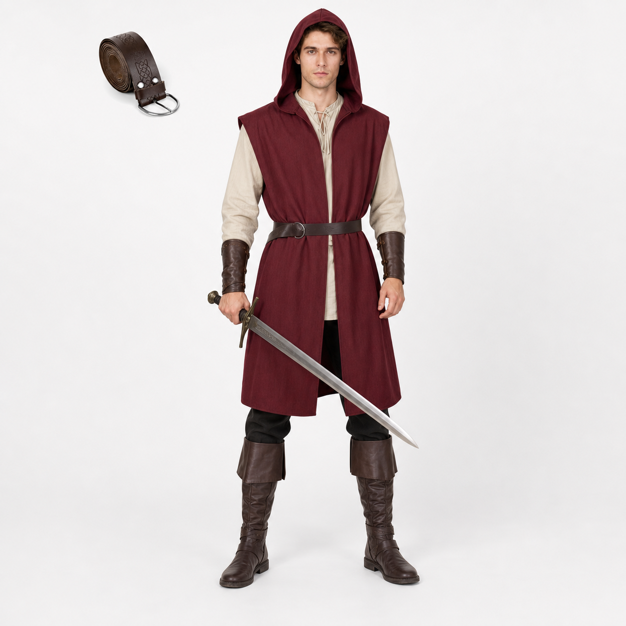Adult Medieval Fantasy Hooded Cape, Wine Red Sleeveless Long Split-Hem Cloak main product view 2