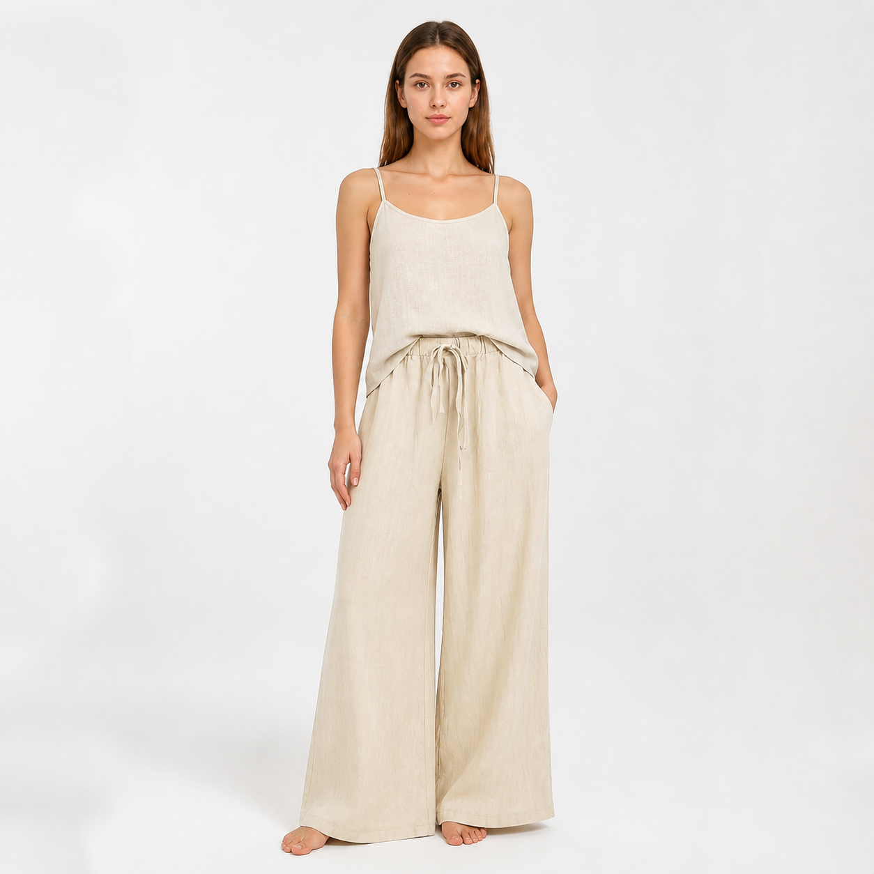 Beige Wide-Leg Pants with an Elastic Waistband and Drawstring main product view