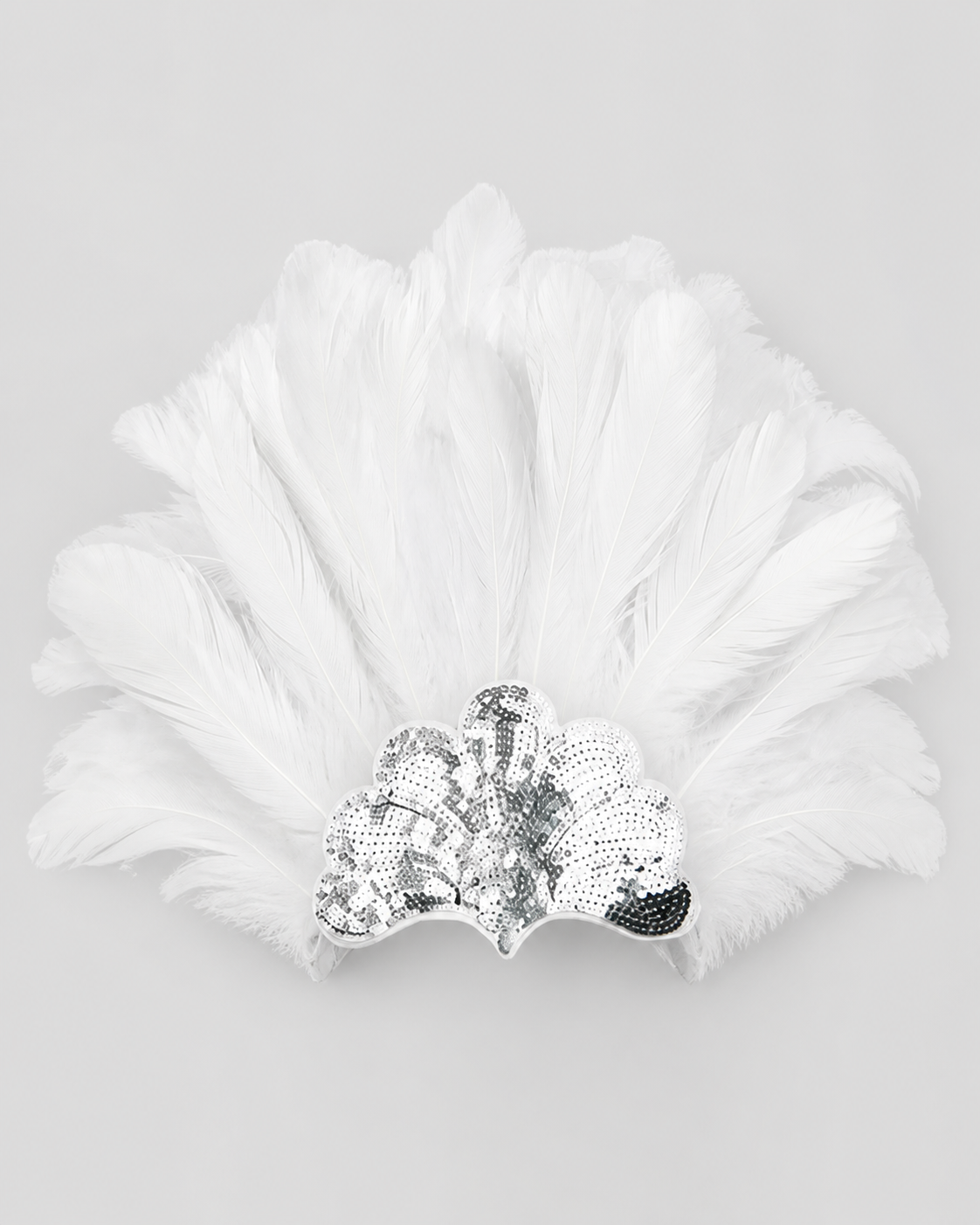 White feather headband displayed flat against a gray background, featuring a broad feather fan and silver sequined ornament