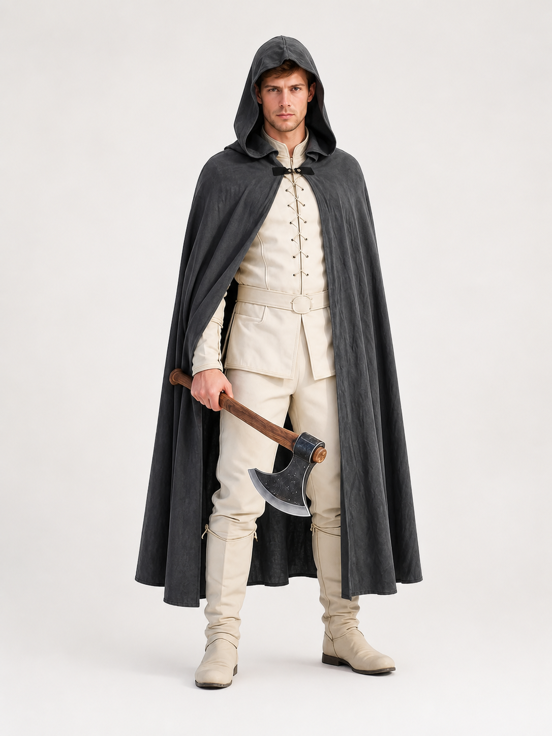 Adult Fantasy Hooded Cape, Long Dark Gray Cloak With Front Tie Closure, Wide main product view 4