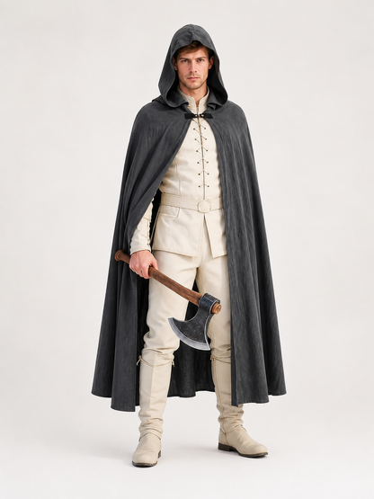 Adult Fantasy Hooded Cape, Long Dark Gray Cloak With Front Tie Closure, Wide main product view 4