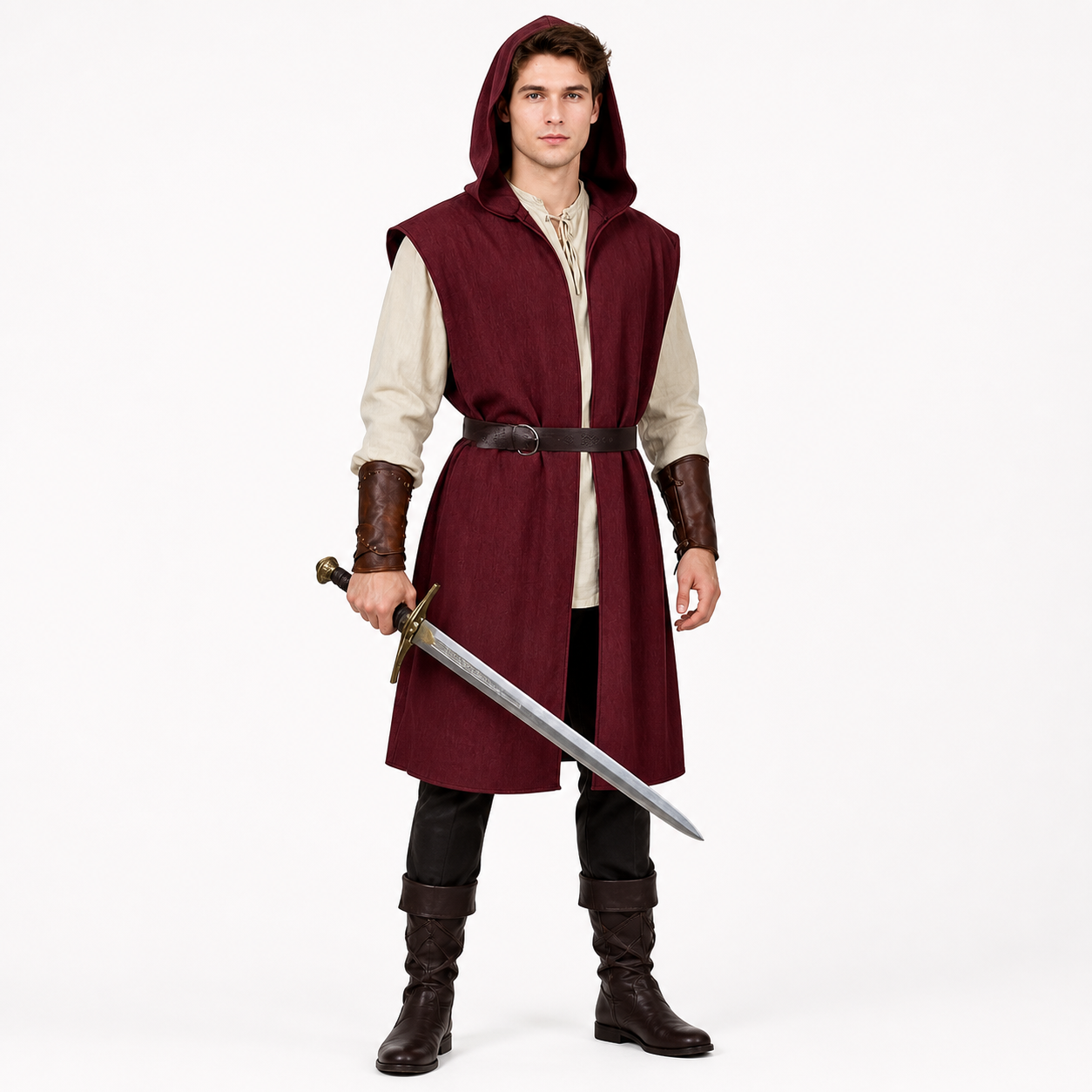 Adult Medieval Fantasy Hooded Cape, Wine Red Sleeveless Long Split-Hem Cloak main product view 3