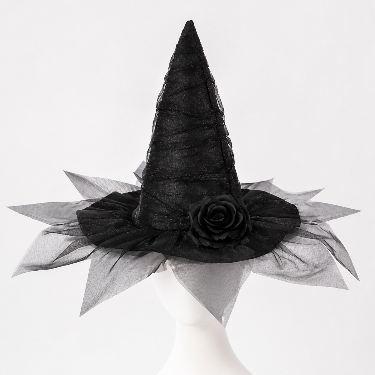 Black Halloween Witch Hat with Black Rose, Tall Pointed Wide Brim Mesh Costume Hat for Gothic Parties and Decorations